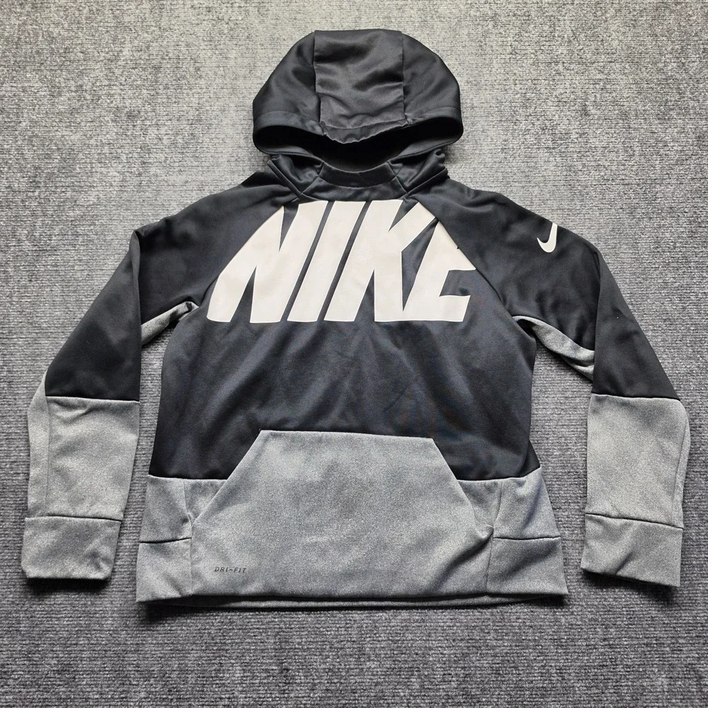 Nike Dri FIT Hoodie Youth Large L Black Grey Big Logo Spellout Pullover
